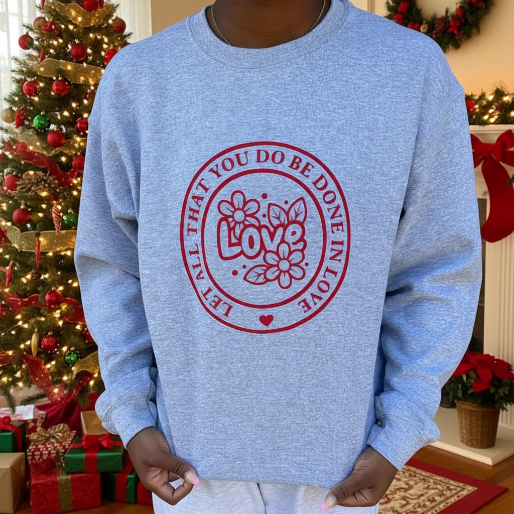 Gray sweatshirt with "Let All That You Do Be Done In Love" saying in a red circle.  The word "Love" and flowers in the center of the circle, Roxzell
