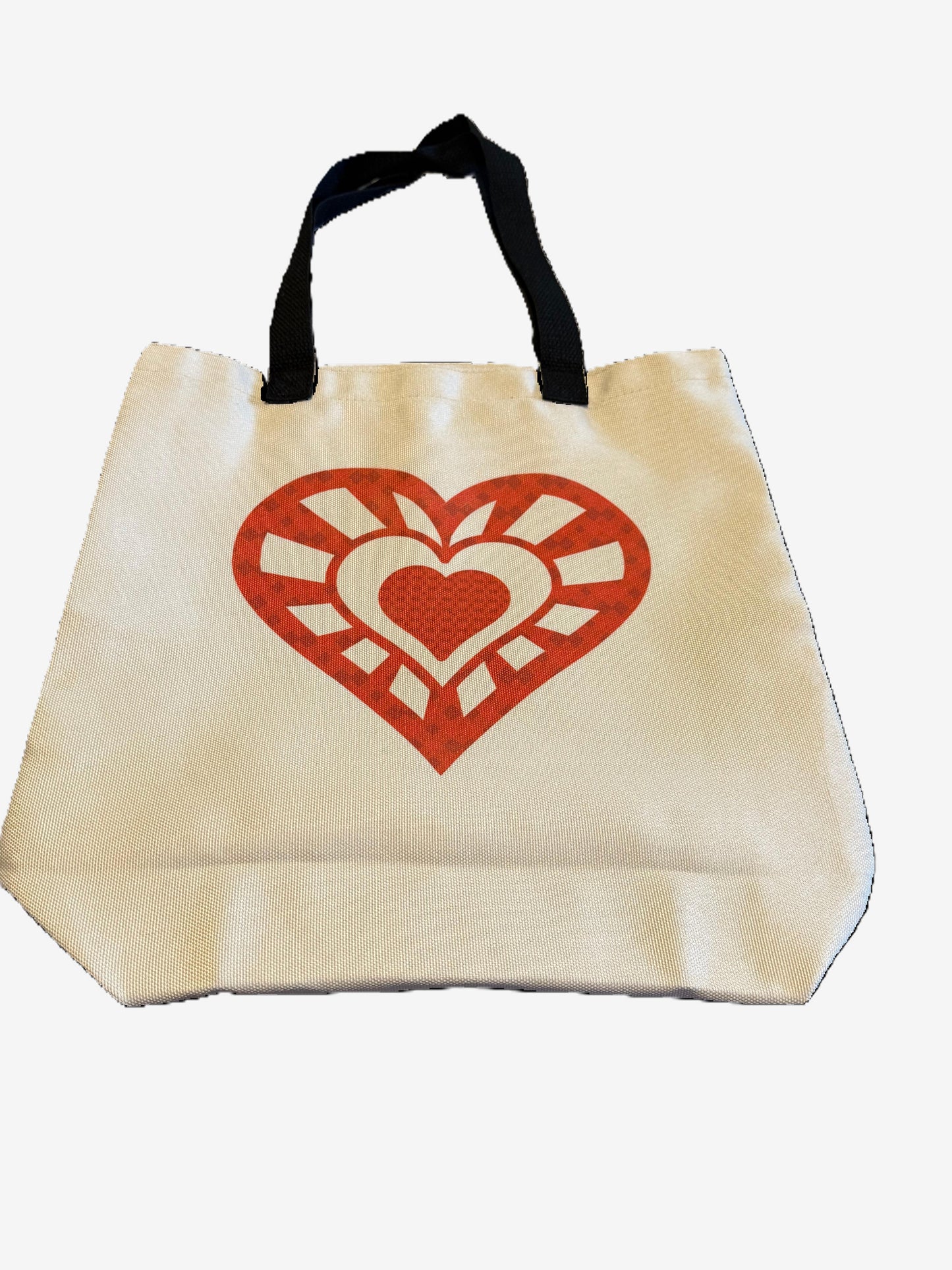 Eco-friendly beige tote with red heart design for everyday use, Roxzell
