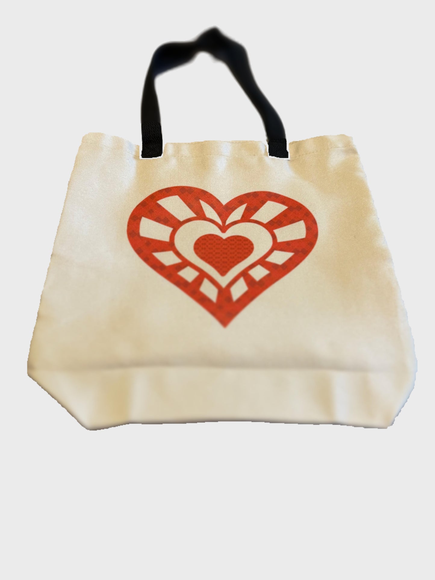 Beige Canvas Tote with Geometric Red Heart – Valentine’s Day Gift Bag
