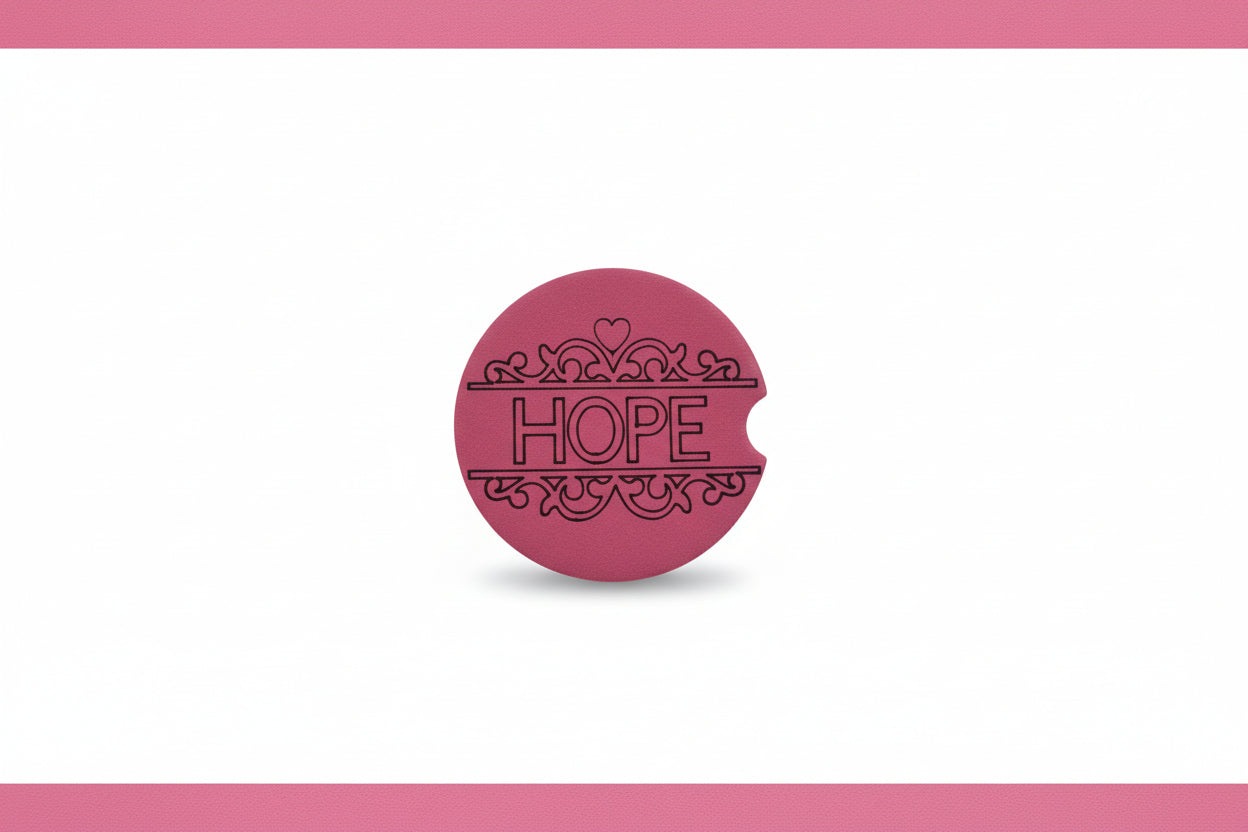 Circular pink coaster with vertical “HOPE” and heart motifs on a white background with pink border, Roxzell