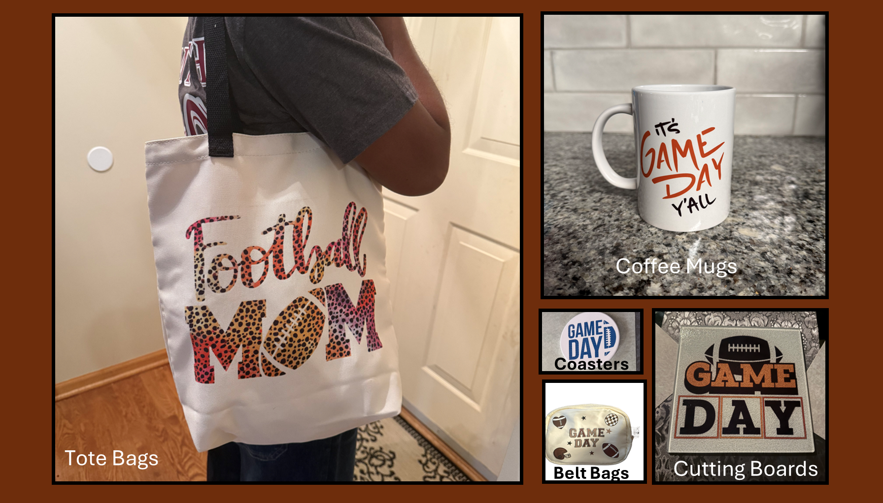 Collage of football game day items 'Football Mom' tote bag, 'Game Day' mug, game day coasters, and cutting boards and belt bags