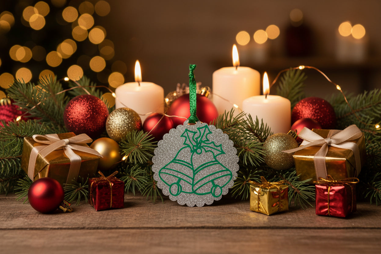 Festive scalloped-edge ornament with green outlined bells and holly on a sparkling silver background on a table with candles and Christmas decor. Roxzell