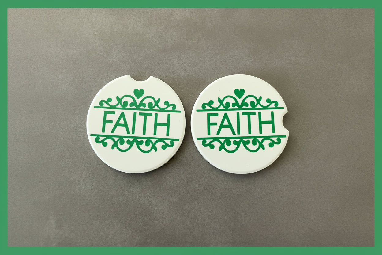 Two spiritual car coasters with green FAITH text and symmetrical design for daily inspiration on a gray background with a green border, Roxzell