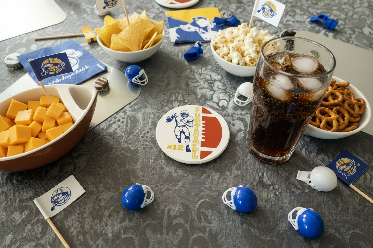 Fan memorabilia coaster with football athlete and yellow #12 beside brown football on tailgate party decorated table, Roxzell