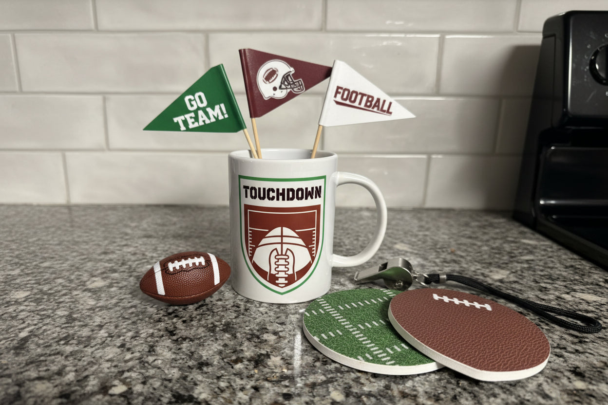 White mug with vertical “TOUCHDOWN” football graphic on granite counter, Roxzell