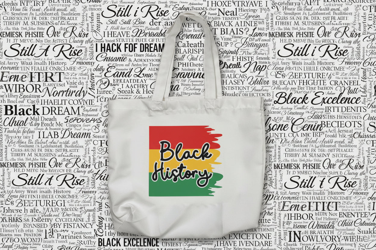 White tote bag with the words "Black History" on red, yellow, and green brush strokes with a black and white black history saying background, Roxzell