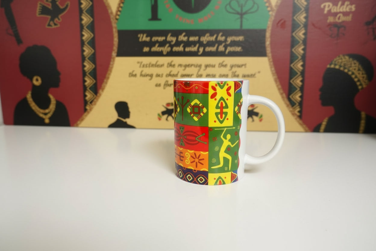 Ceramic mug with a white handle and bold cultural‑inspired artwork displayed on a kitchen counter. Roxzell