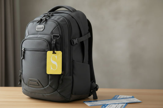 Gray backpack with a yellow luggage tag with a white letter "S" on a wooden table with plane tickets, Roxzell