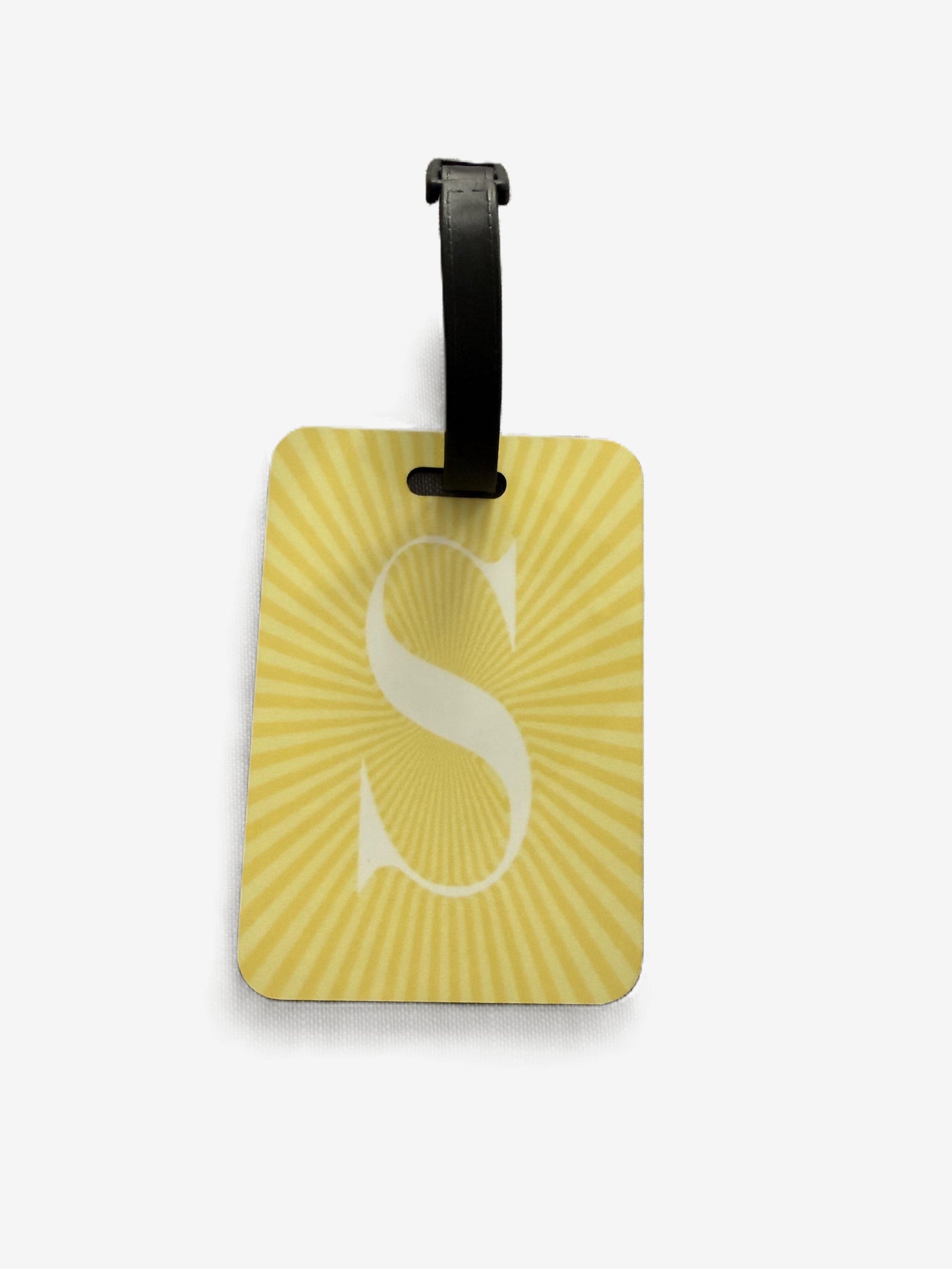 Yellow luggage tag with a black strap and letter 'S' on a white background, Roxzell